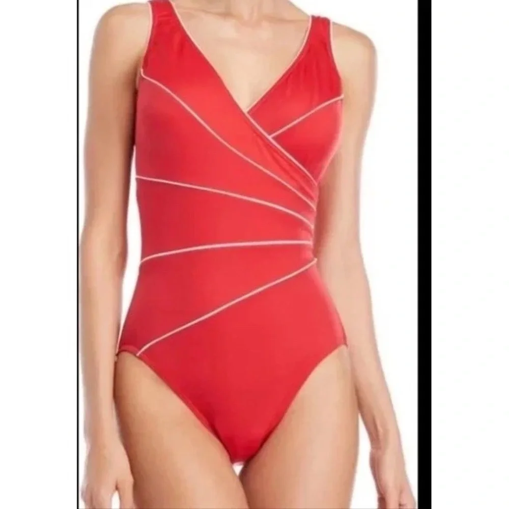 Miraclesuit Horizon One Piece Swimsuit Womens 18 Red Tummy Control Faux Wrap